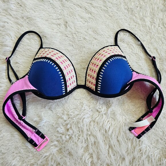 Victoria’s Secret Womens Pink Blue Crochet Push Up Swim Bra Bikini To 34B - Picture 3 of 9